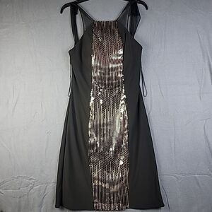 Morgan & Co Cocktail Black Mini Dress Wo's Gold Sequin Lace Shoulder Size 11-12‎